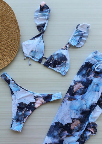 Marble Watercolor Bikini & Cover-Up Wraparound (3pc Set)