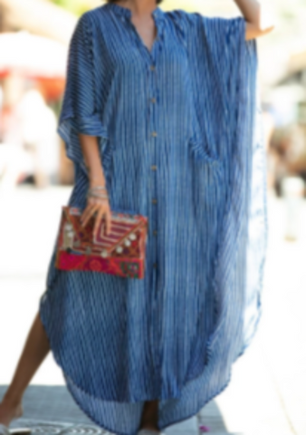 Kaftan Dress with Pockets - Blue Stripe