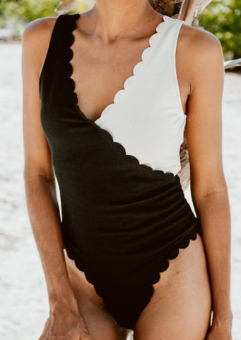 Scallop One Piece Swimsuit - Black & Cream