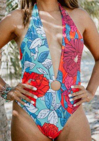 Plunging One Piece Swimsuit with Loop