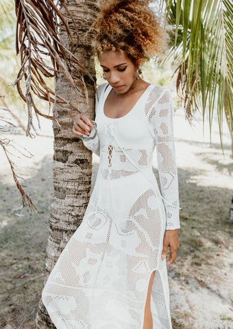 Long Sleeve Knitted Beach Dress  - White