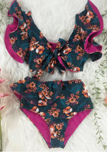 High Waist Ipanema Front Tie with Ruffle Shoulders Bikini - Sea Orchid Print